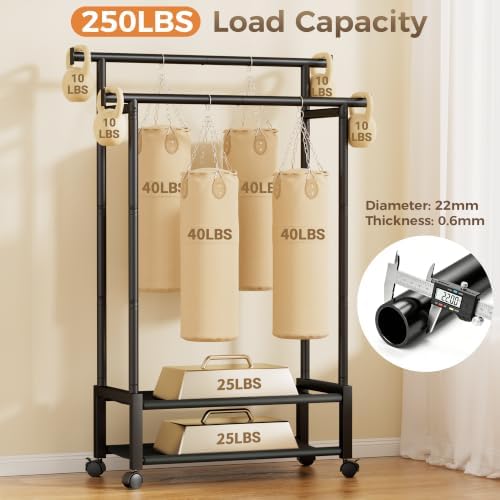 Double Rod Clothing Rack with 2 Shelves, Rolling, Black