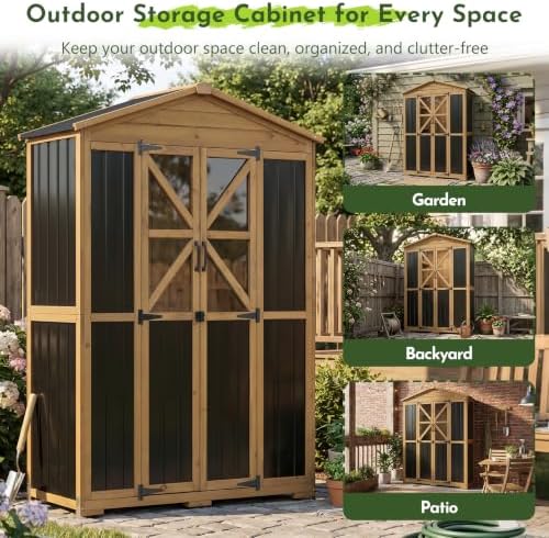 Outdoor Wooden Storage Shed Cabinet with 6 Adjustable Shelves