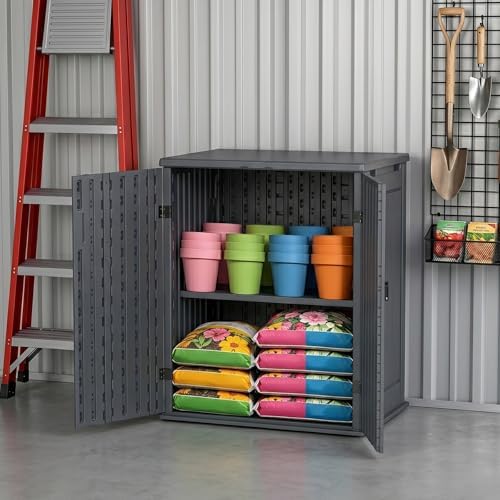 Outdoor Storage Cabinet with 2 Shelves, Waterproof Resin Vertical Tool Shed, ...