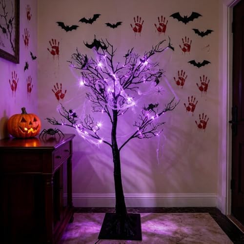 HipTree Lighted Black Halloween Tree 4ft with 150LED Orange Purple Lights