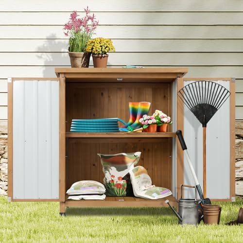 Wood & Metal Outdoor Storage Cabinet with Waterproof Roof, Garden Tool Sh...