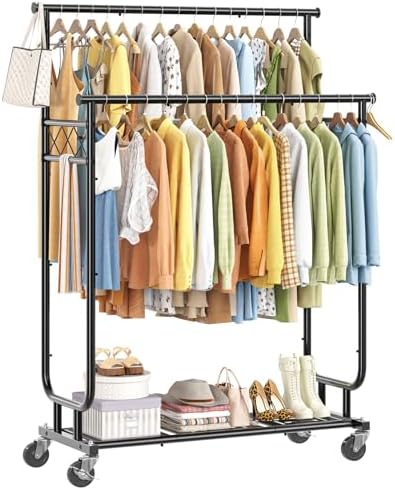 Ekisemio Heavy Duty Clothes Rack, Rolling Clothing Rack With Shelves Load 450...