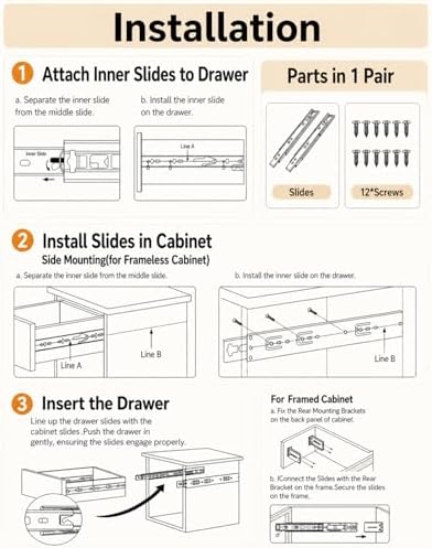 Gobrico Drawer Slides 20 inch 2 Pair๏ผSoft Close Drawer Slides 3 Fold, Hardwar...