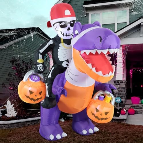 Domkom 6FT Halloween Inflatable Skeleton Riding Dinosaur Outdoor Yard Decor