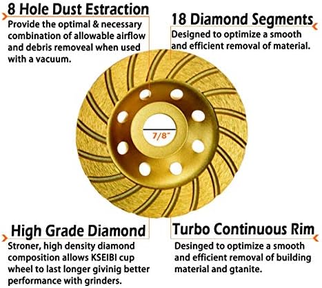 Original Gold KSEIBI 4-1/2-Inch Diamond Cup Wheel Turbo Blade and Double Row ...