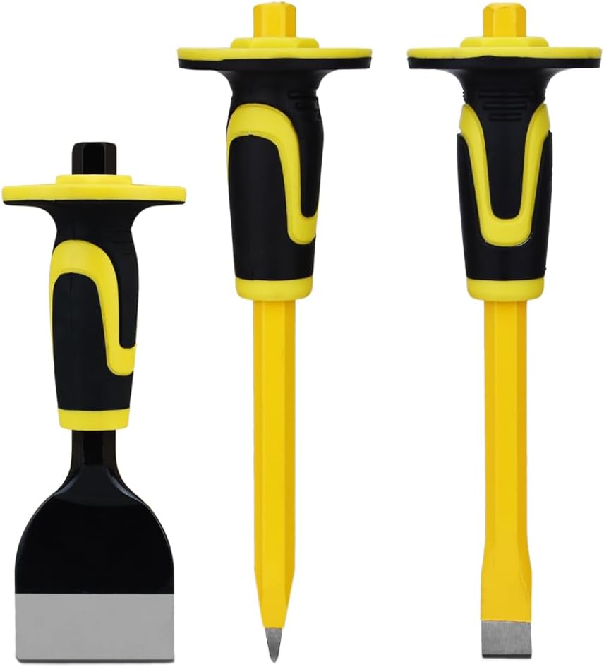 3-Piece Heavy-Duty Chisel Set with Hand Protection, Concrete and Mortar Stone...