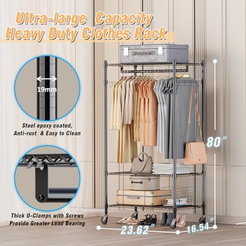 Homdox Heavy Duty Clothing Rack with 3 Tier Adjustable Wire Shelves, Garment ...