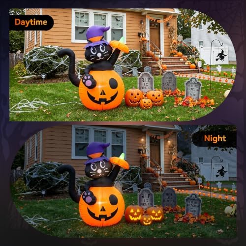 4.5FT Halloween Inflatable Black Cat with Pumpkin Outdoor Decorations, Blow U...