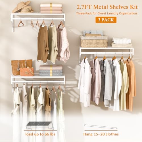 ThreeHio 3 Pack Closet Shelves Wall Mounted, 2.7 ft x 11.8in Wire Closet Shel...