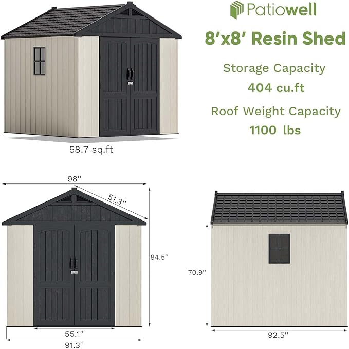 Patiowell 8x8 FT Outdoor Storage Shed, Plastic Shed Resin Garden Tool Shed