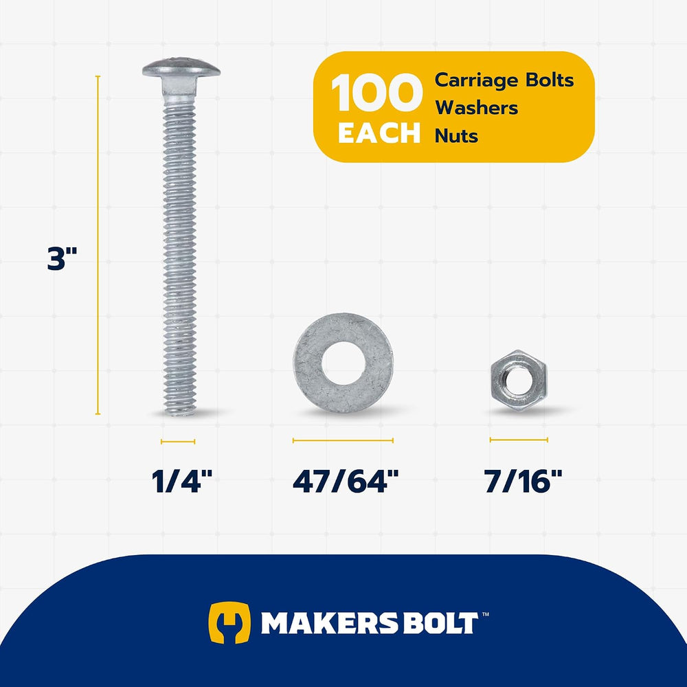 1/4" x 3" (100 Pack) Galvanized Carriage Bolt Kit Grade 307A Includ...