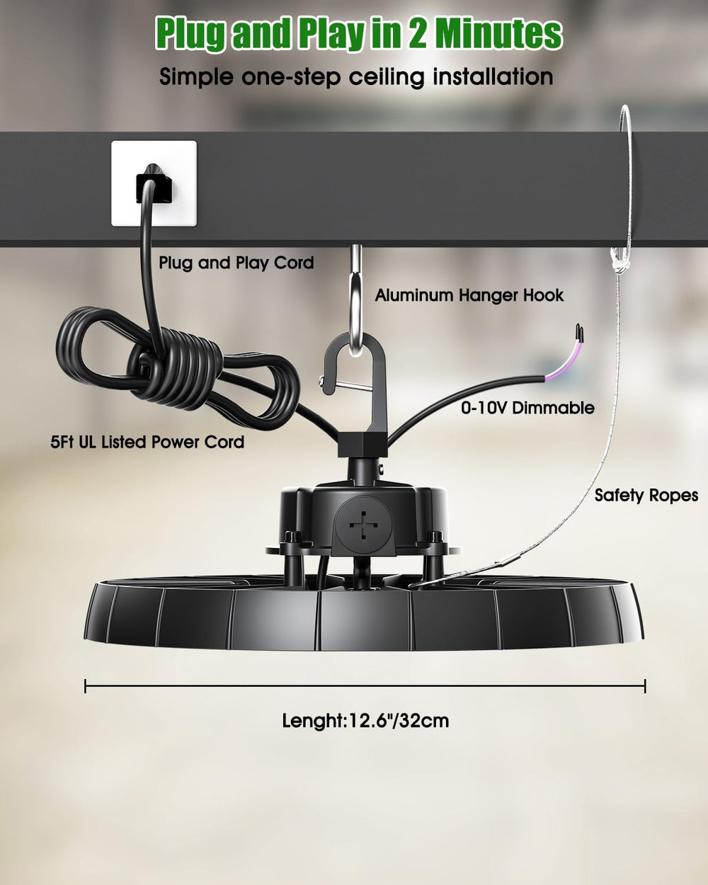 High Bay LED Shop Lights, 200W/150W/100W Adjustable 130LM/W Super Bright 0-10...