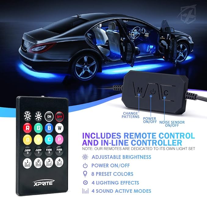 Xprite 8Pcs Car RGB LED Strip Lights, Exterior Underglow & Interior Bluet...