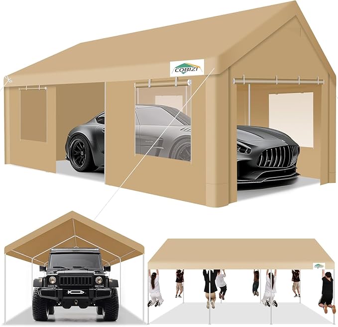 COBIZI Carport 12x20ft Heavy Duty Portable Garage, 2.0 Powder Coated Frame