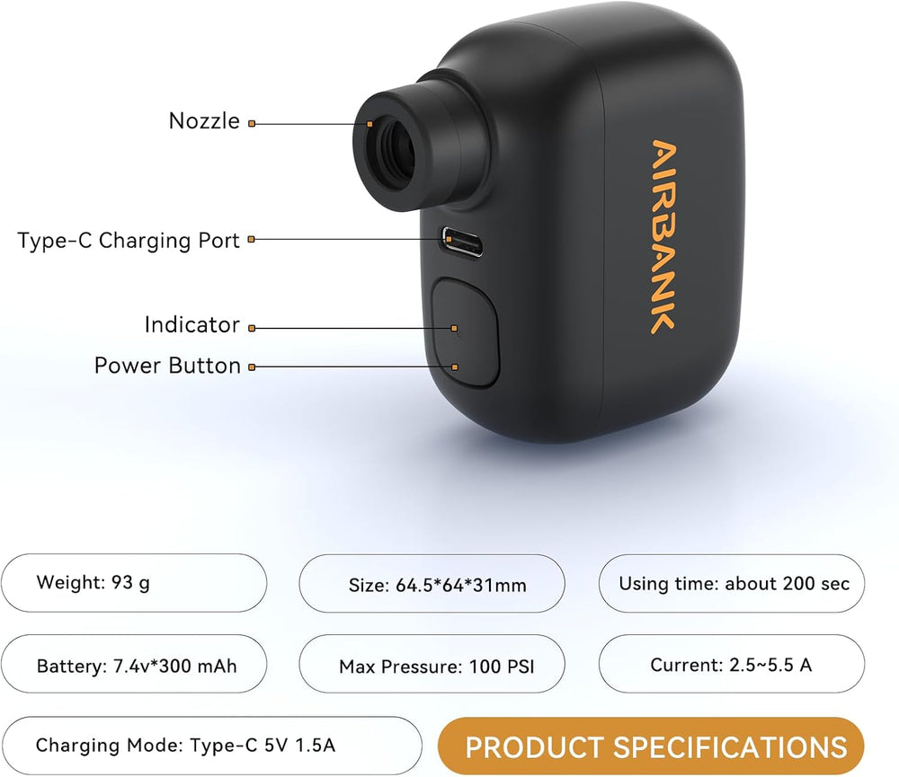 AIRBANK Mini Bike Pump POCKET SE, 100 PSI Electric Bicycle Air Pump for Road ...