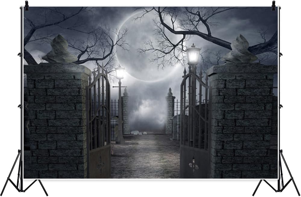 10x8ft Halloween Full Moon Cemetery Forest Photo Backdrop Decor