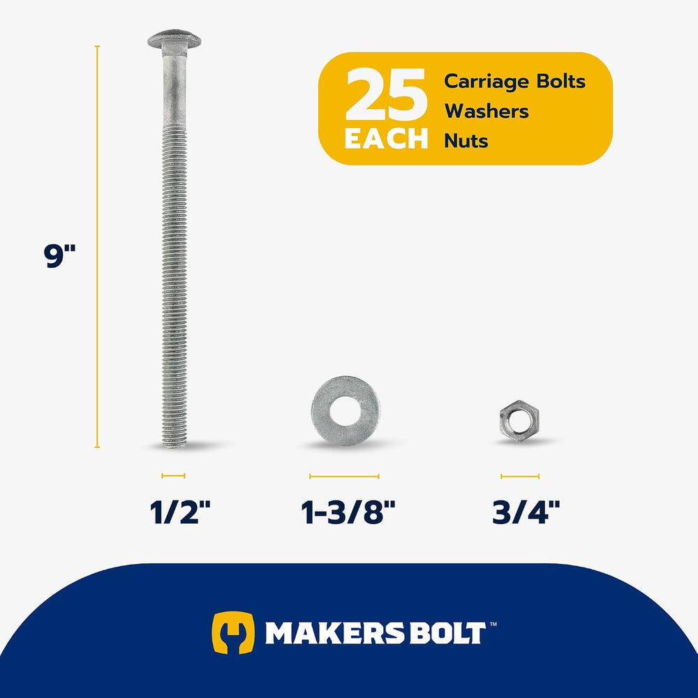 1/2" x 9" (25 Pack) Galvanized Carriage Bolt Kit Grade 307A Include...
