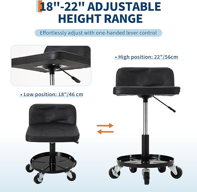 Garage Stool, 16”-21” Adjustable Rolling Mechanic Stool