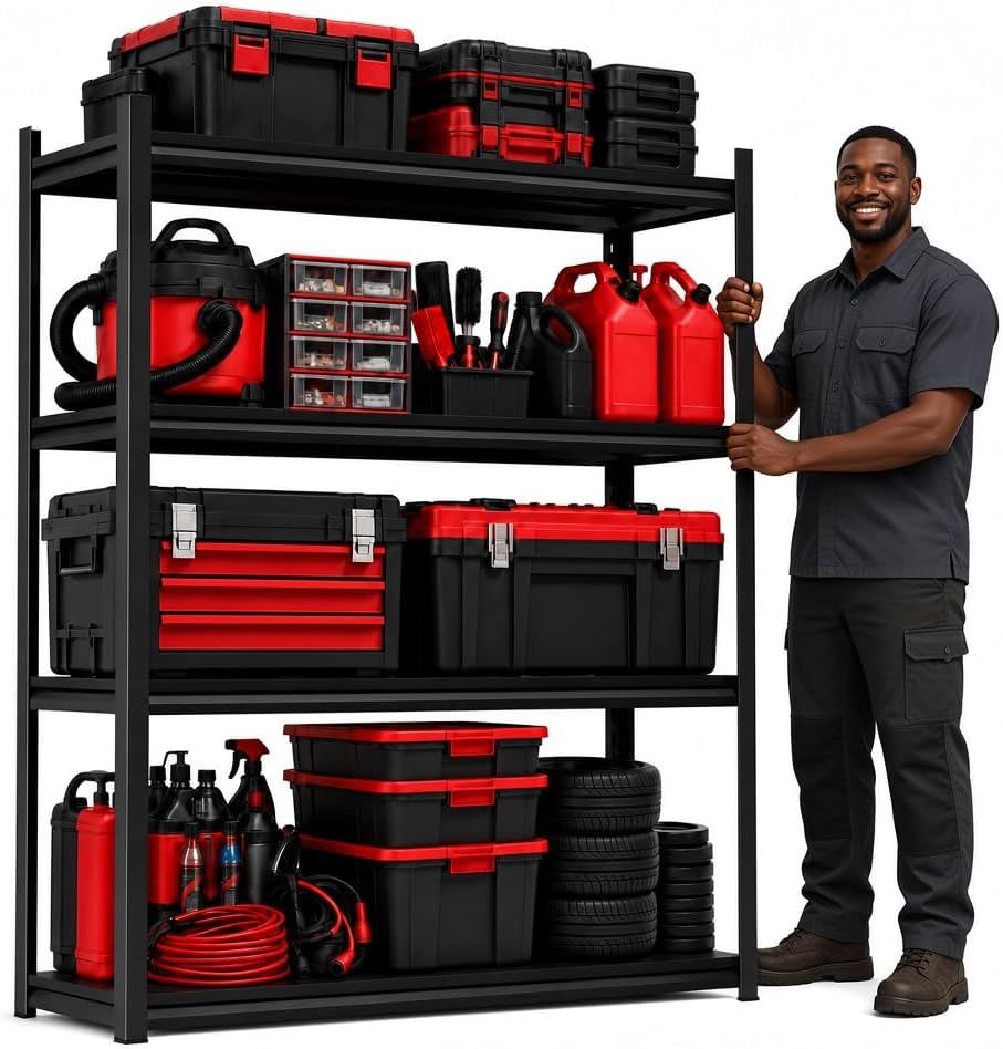 Garage Shelving, 2400 LBS Heavy Duty Metal Storage Shelves, 4-Tier Adjustable...