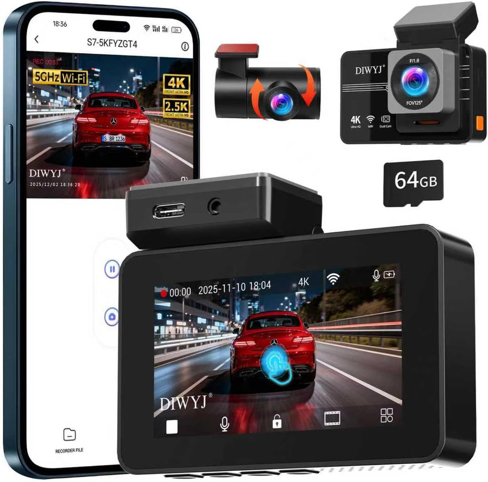 Dash Cam Front and Rear, 4K+2.5K with 170° Fisheye Lens, Full HD Dash Camera ...