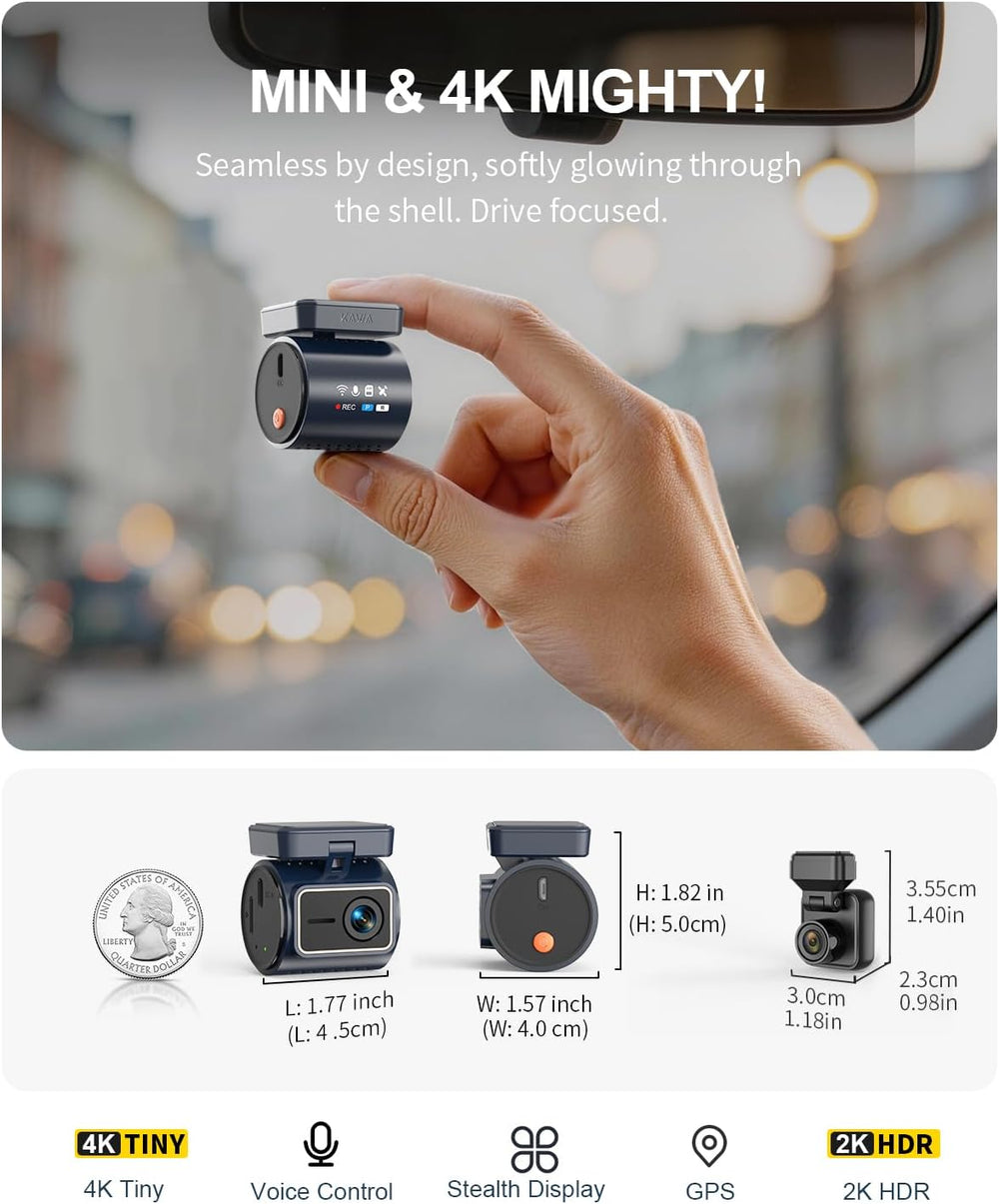 KAWA 4K+1080P Dual Dash Cam, Stealth Display, Voice Control, Wi-Fi 6 & GPS