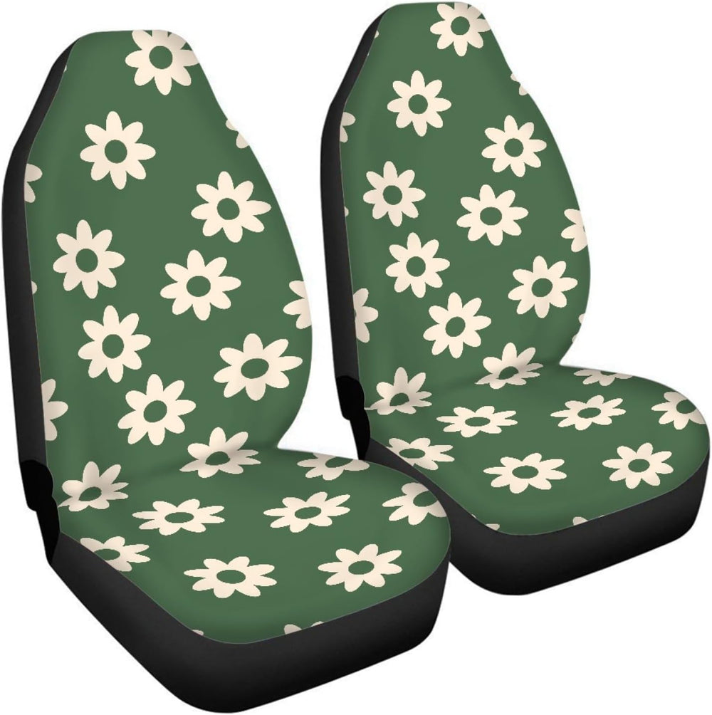 Green Groovy Flower Auto Seat Cover Set 2 Pack,Hippie Floral Car Front Seat C...