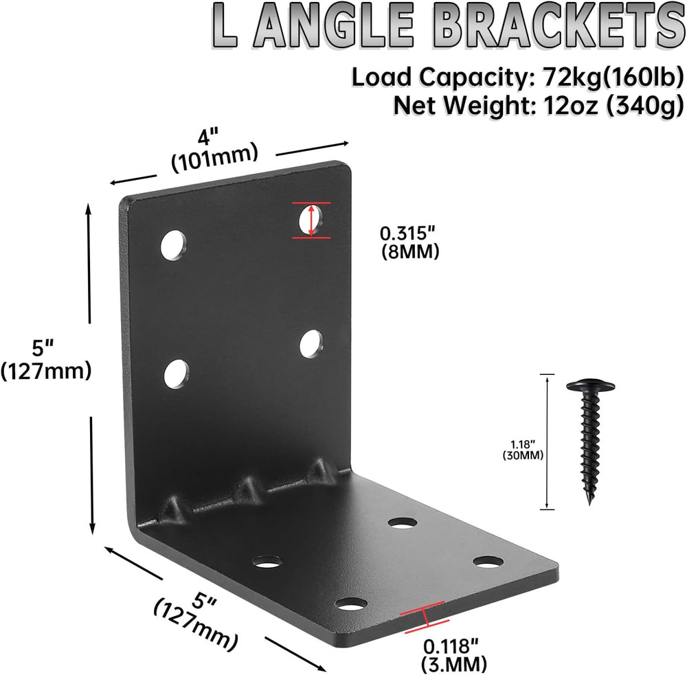 4 PCS Heavy Duty Steel Corner Brackets, 5"x5"x4" 90 Degree L R...