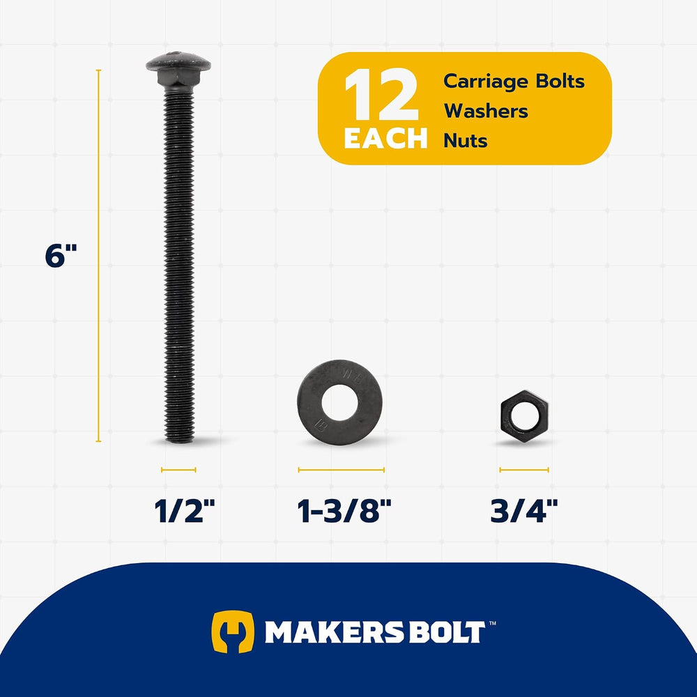 1/2 in. x 6 in. Black Carriage Bolt Kit Includes 12 Bolts, 12 Washers, and 12...