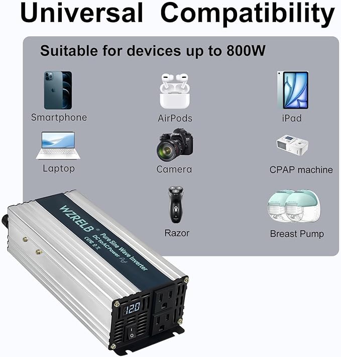WZRELB 800W Pure Sine Wave Inverter 12V DC to 110V 120V AC Power Converter