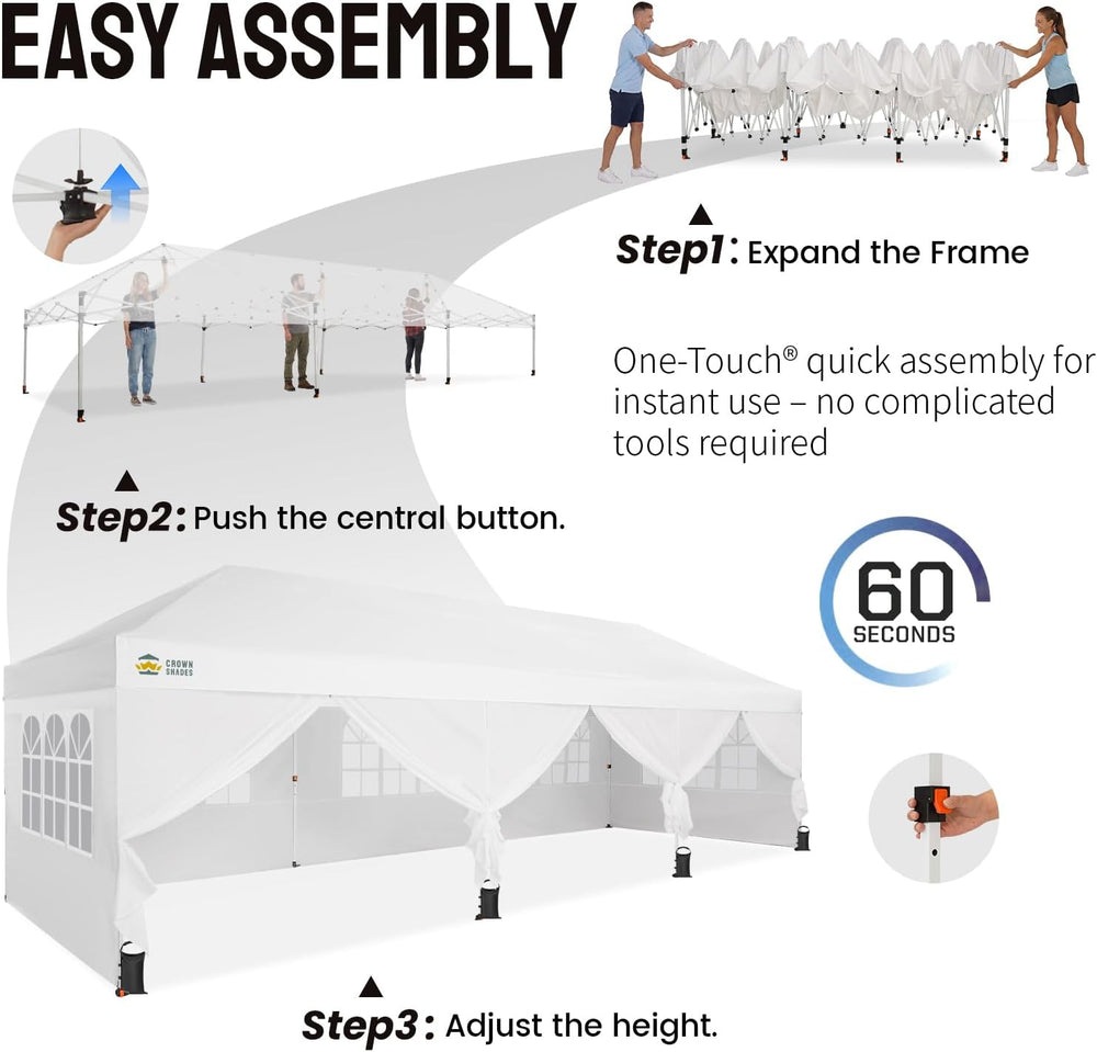 CROWN SHADES 10X30 Pop Up Canopy Tent with Sidewalls, Instant Setup, White