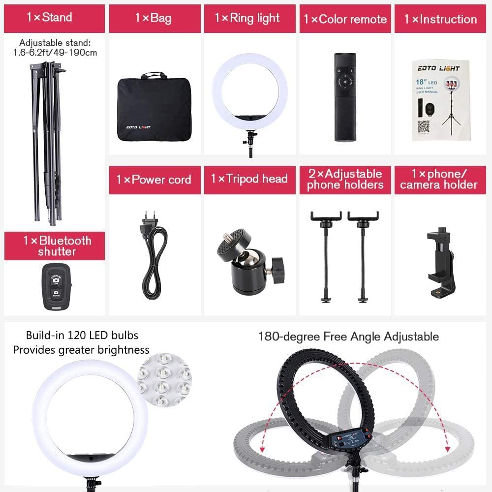 18 inch LED Ring Light with Tripod Stand Dimmable Makeup Selfie Ring Light fo...