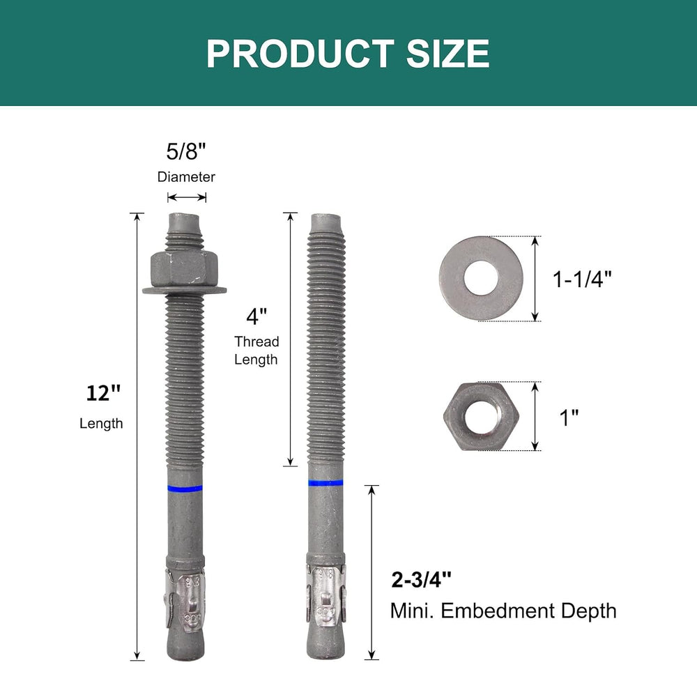5/8" x 12" Concrete Anchors (10 Pack) Wedge Anchors Bolts, Hot Dip ...