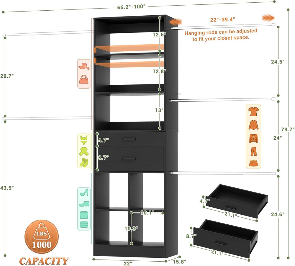 Besiost Closet System, 4-8 FT Closet Organizer Systems with 2 Wooden Drawers ...