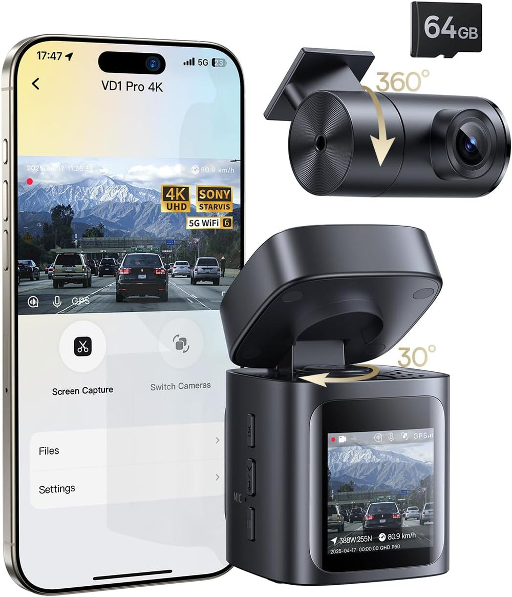 Baseus VD1 Pro 4K Dual Solar Dash Cam Front and Rear, STARVIS, 64GB Card