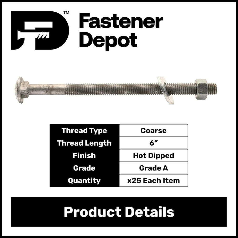 3/8"-16 x 12 (25 Pack) Galvanized Carriage Bolt Kit Grade 307A, Includes...