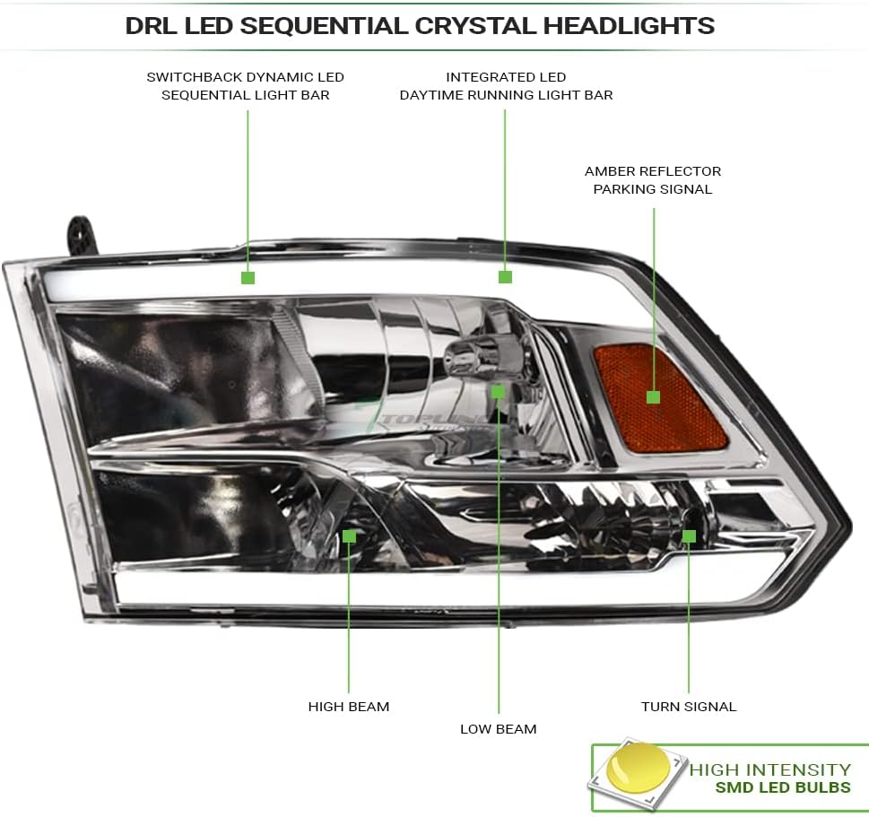 Switchback Sequential LED Strip Tube Bar Chrome Housing Crystal Headlights Si...