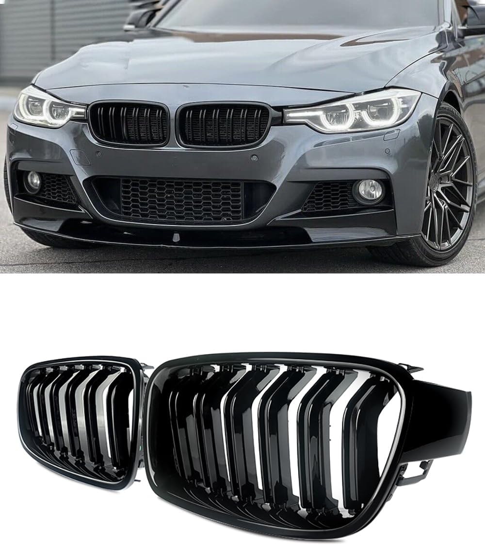 Double Slats Gloss Black Front Grill Compatible with 2012-2018 BMW 3 Series F...