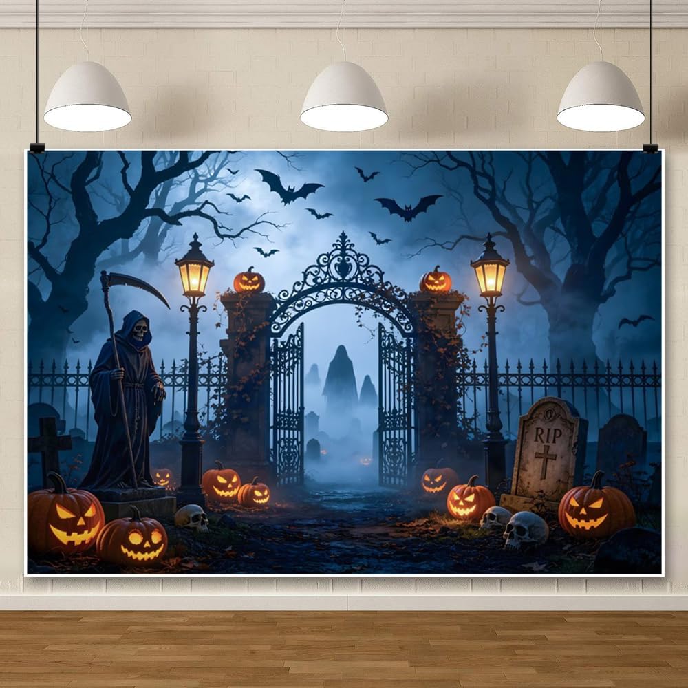 Halloween Graveyard Backdrop Misty Cemetery Skull Pumpkin Lantern Haunted Hou...