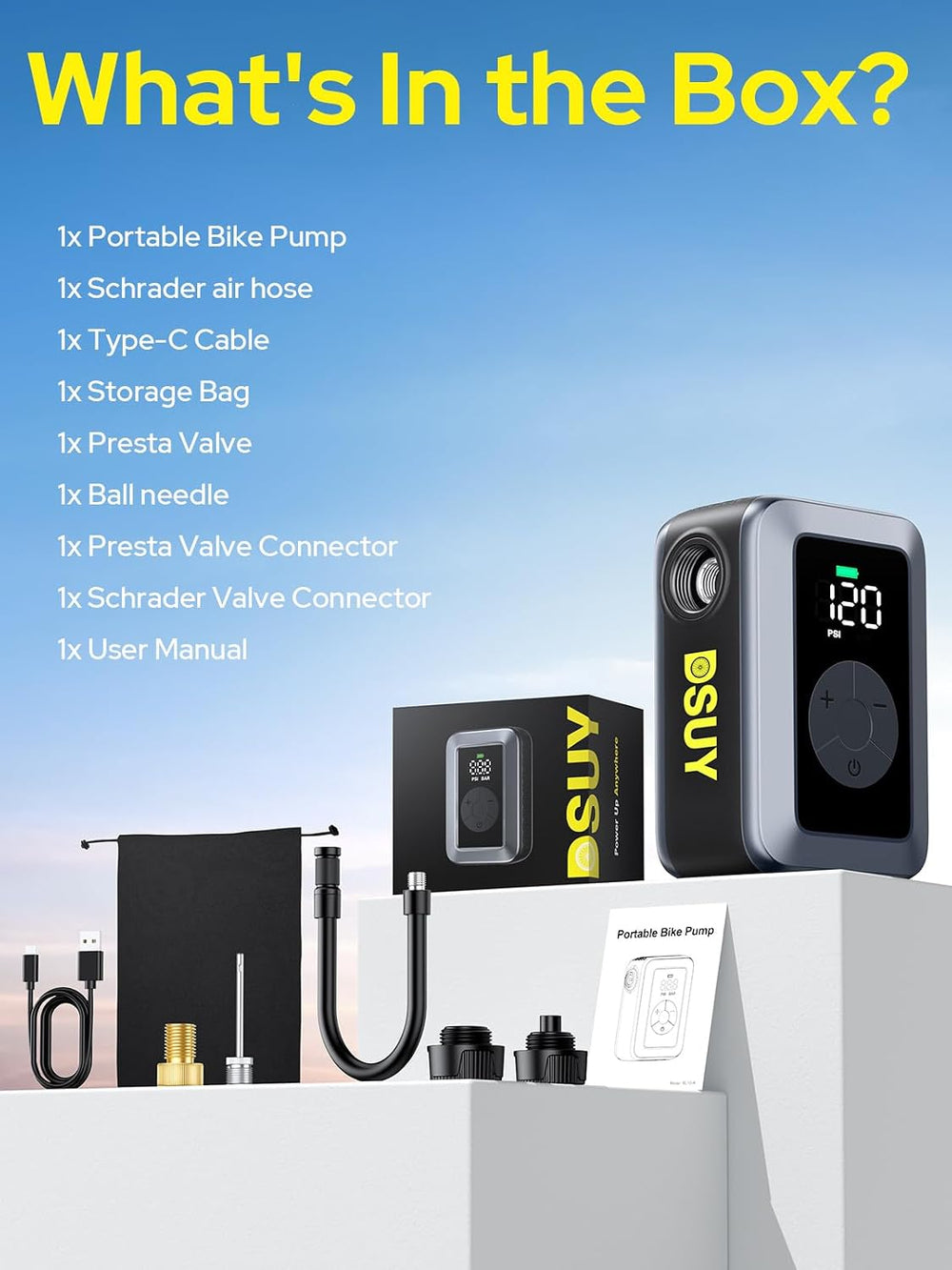Mini Bike Tire Pump, 120PSI Electric Bicycle Pump with Digital Gauge, Auto St...