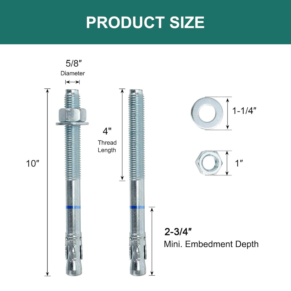 5/8" x 10" Concrete Anchors (10 Pack) 5/8 inch Wedge Anchors Bolts ...