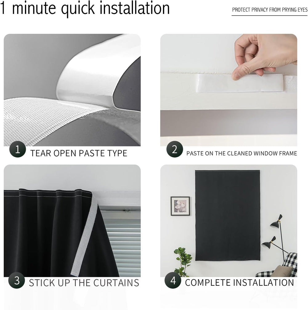 Adhesive Blackout Curtains- Self Stick Shades Window Blinds Curtains No Rod N...