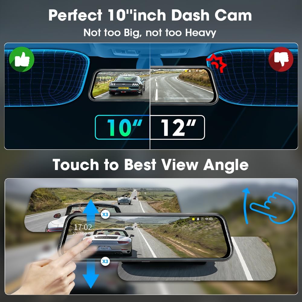 Upgraded 10'' Rear View Mirror Camera Mirror Dash Cam Front and Rear ...