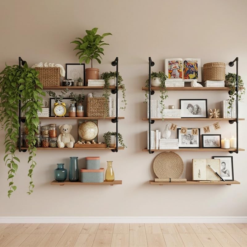 4-Tier Industrial Pipe Shelving Bracket System, Black Iron Wall Mount, DIY Ru...