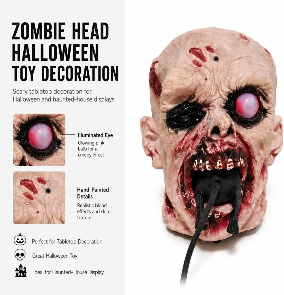 Realistic Zombie Head Sculpture - Halloween Horror Decor with Glowing LED Eye