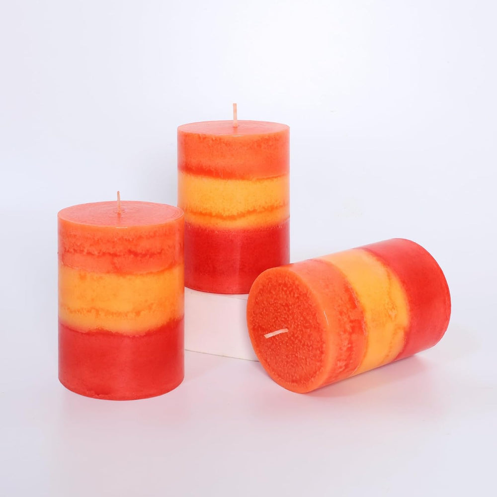 3x4 Inch Pillar Candles 3 Pack Rustic Orange Handmade Layered Clean Burning P...