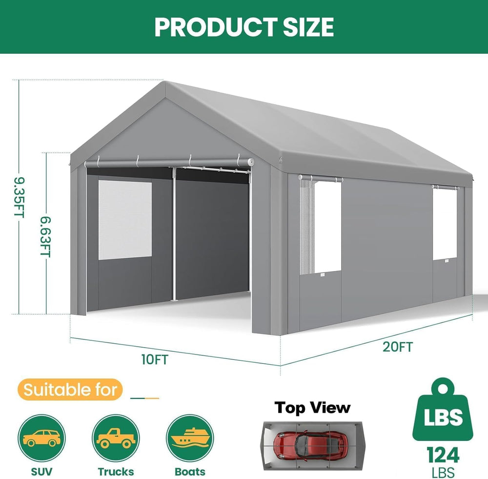 10x20 FT Heavy Duty Carport with Galvanized Frame,Gray