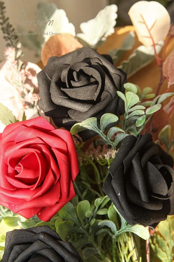 Floroom Artificial Flowers 50pcs Real Looking Black Foam Fake Roses with Stem...