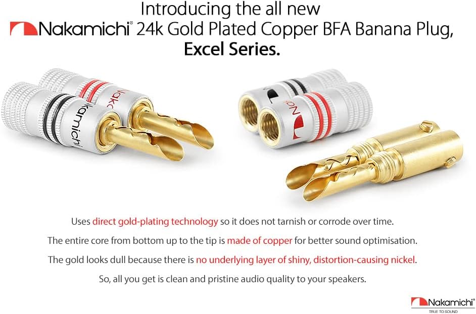 Nakamichi GrubLock Excel Series 24k Gold Plated BFA Banana Plugs, 10-18 AWG