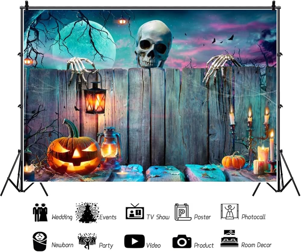Renaiss 10x8ft Halloween Backdrop Skeleton Pumpkin Lantern Wooden Spooky Nigh...