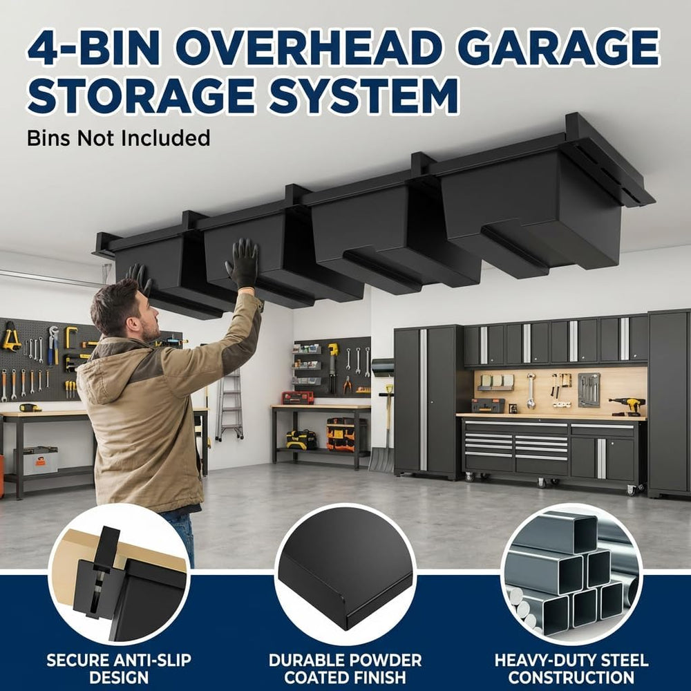 6-Pack Overhead Garage Storage Rack, Ceiling Mounted Tote Storage Rails